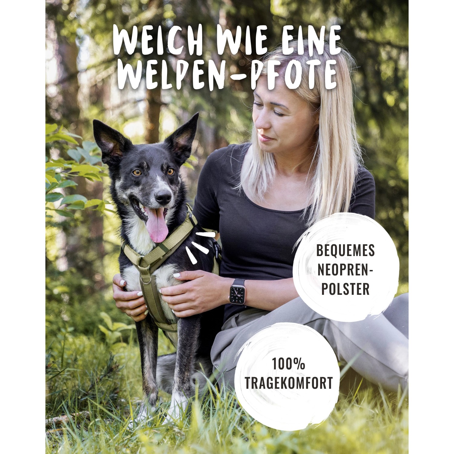Rudelkönig Hundegeschirr Bella, gepolstert, Größe L, mit Frau und Hund im Grünen.