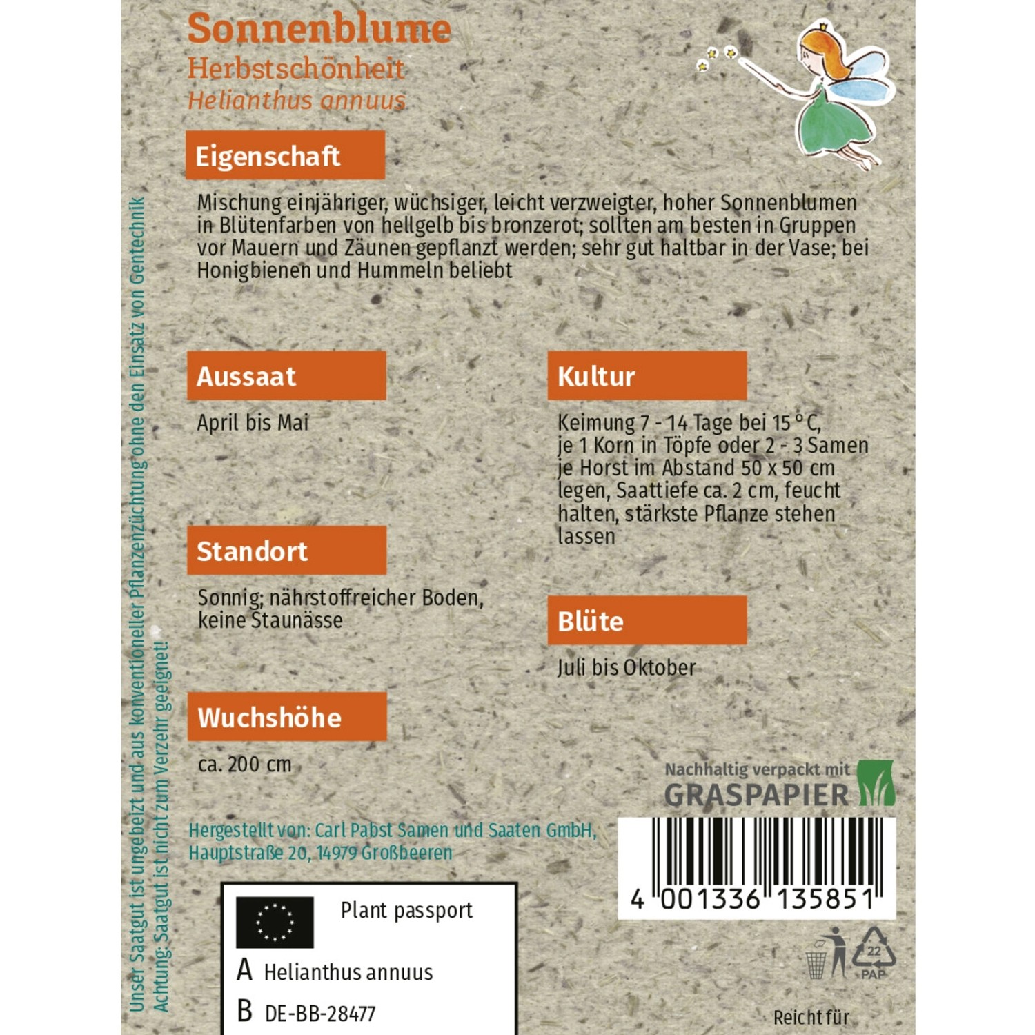 Grüne Fee Sonnenblume 'Herbstschönheit' Saatgut für ca. 20 Pflanzen.