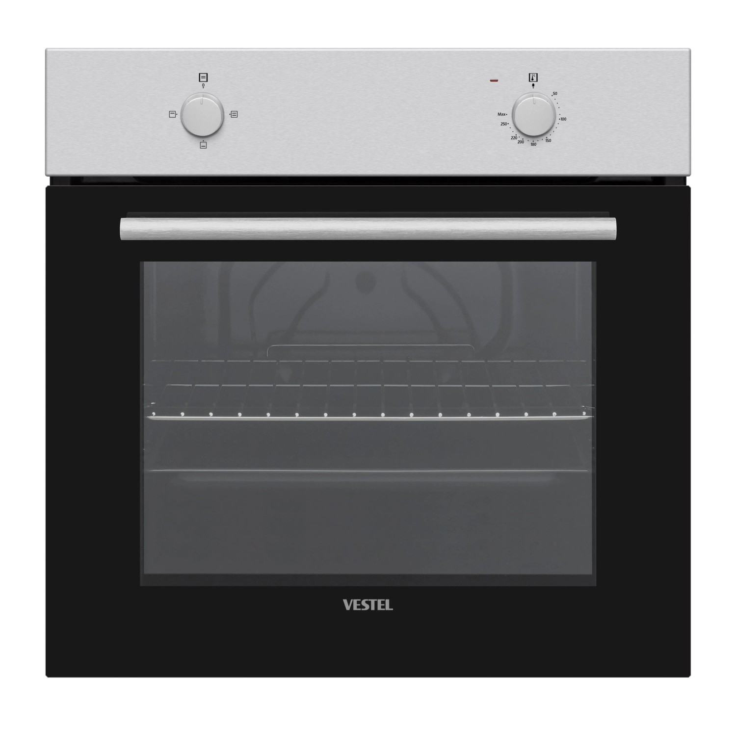 Moderner schwarzer Einbau-Backofen mit silbernem Bedienfeld, zwei Drehknöpfen und Glasfront für Küchenzeilen.