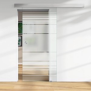 ESG Glasschiebetür mit Siebdruck Dekor 36/05, horizontalen Linien und silberner Laufschiene.