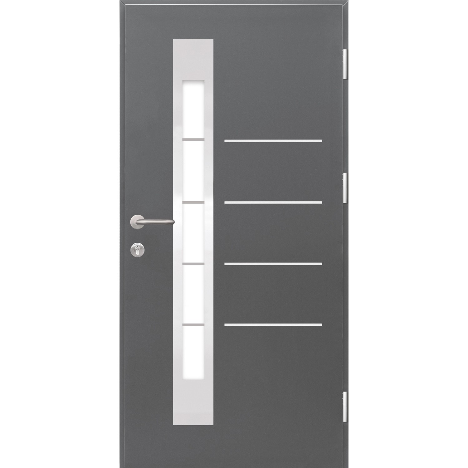 Moderne anthrazitfarbene Splendoor Sicherheits-Haustür Berlin Prime RC2 mit Glaseinsatz und Edelstahl-Applikationen.