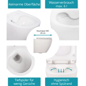 Calmwaters Wand-WC Set, spülrandlos, Raumspar-WC mit Absenkautomatik, weiß, verkürzt (45cm).