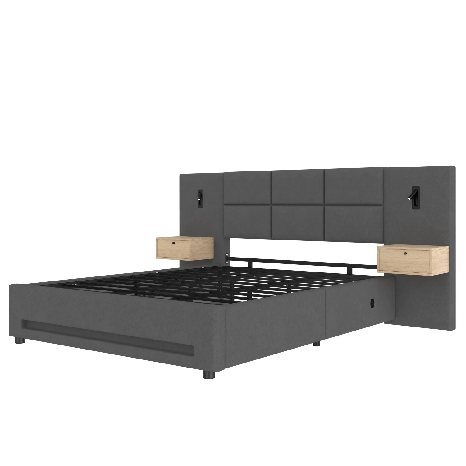 okwish Polsterbett 180x200cm mit Schubladen LED Schlafzimmer Grau ohne Matratze