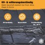 HSS Dach Reparaturband schwarz auf Dach mit Wasser. Icons zeigen UV-beständig, wasserdicht, frostbeständig bis -40°C. Ideal für Bauabdichtungen.