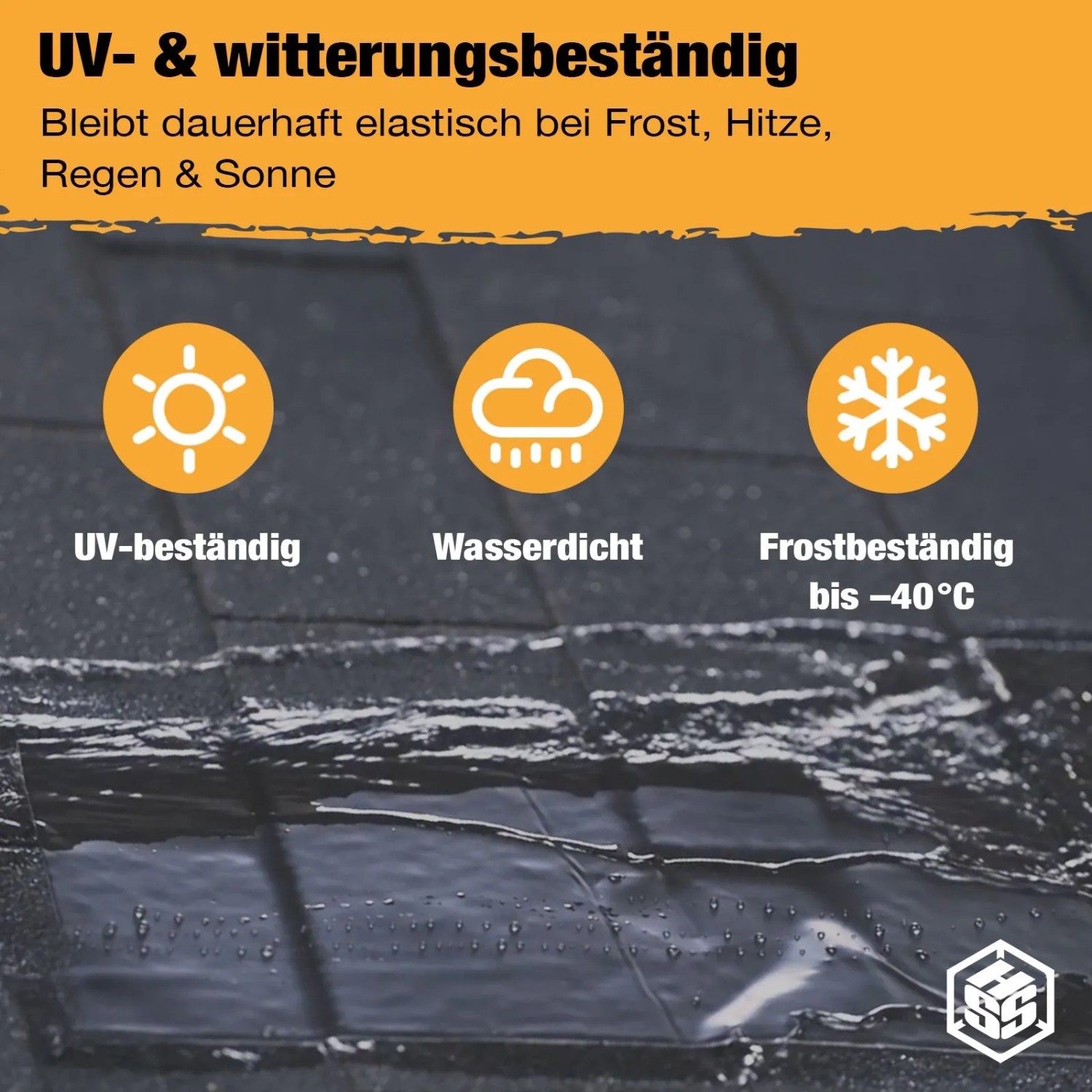 HSS Dach Reparaturband schwarz auf Dach mit Wasser. Icons zeigen UV-beständig, wasserdicht, frostbeständig bis -40°C. Ideal für Bauabdichtungen.