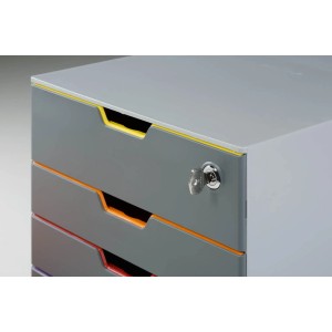 Durable Schubladenbox A4 Varicolor Safe mit 4 Fächern in Gelb, Orange, Rot und Lila, abschließbar.