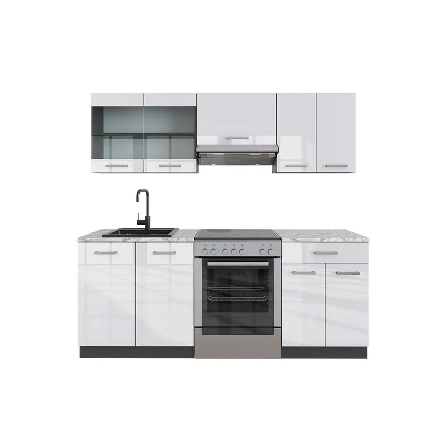 Vicco R-Line Küchenzeile Weiß Hochglanz Anthrazit 200 cm AP Marmor ohne E-Geräte