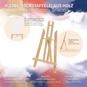 Klappbare Tischstaffelei aus Holz, verstellbar für Bastelfarben und kleine Leinwände.