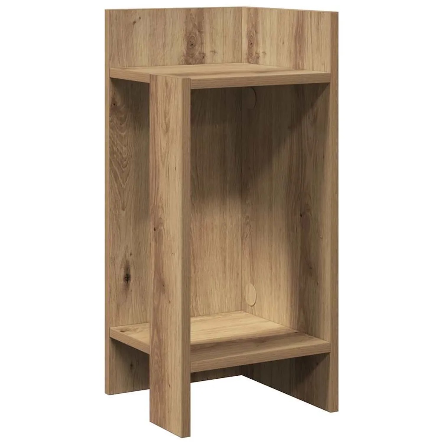 Moderner Beistelltisch in Artisan-Eiche Optik mit zwei offenen Ablagefächern aus Holzwerkstoff.