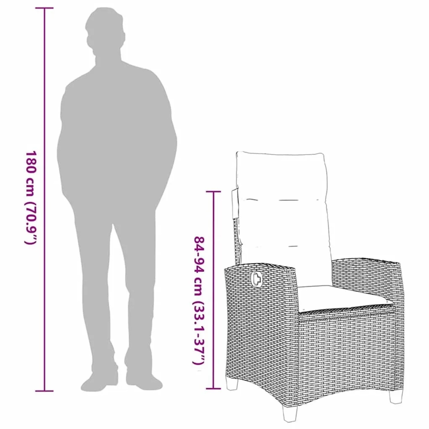 Grauer Poly Rattan Gartensessel mit Kissen. Höhenvergleich zu 180cm Person. Verstellbarer Gartenstuhl.