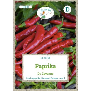 Saatgutpackung Grüne Fee Paprika De Cayenne mit roten, länglichen Chilischoten.