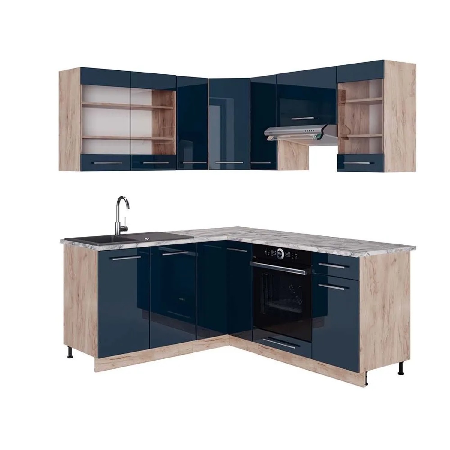 Vicco Eckküche Fame-Line Dunkelblau Hochglanz/Goldkraft Eiche 190 x 82, AP Marmor
