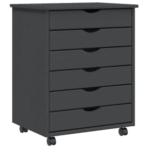 Grauer vidaXL Rollschrank MOSS mit 6 Schubladen aus Kiefernholz, ideal für Büro und Arbeitszimmer.