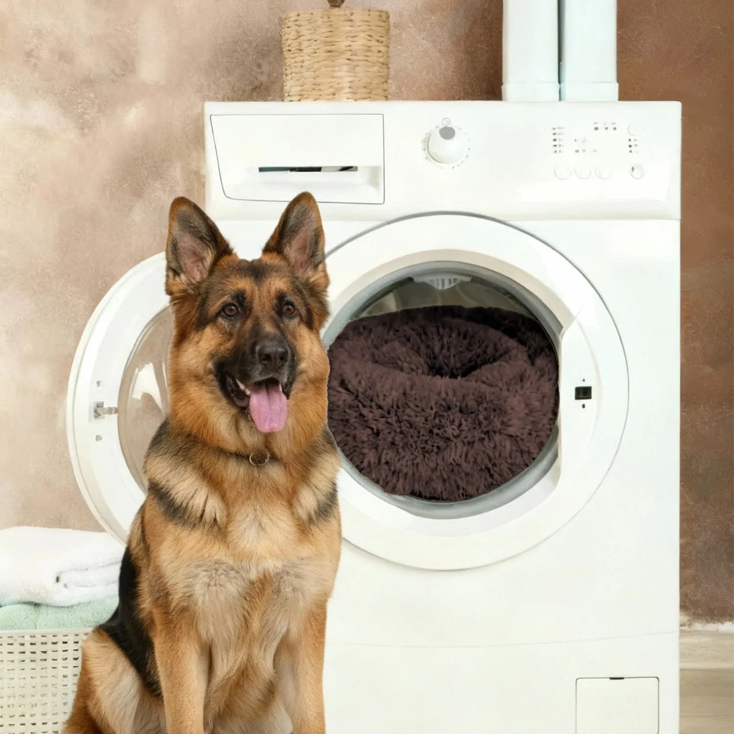 Braunes Benno Hundebett Balu Donut (70x70x16 cm) in Waschmaschine, Schäferhund sitzt davor.