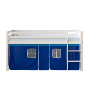 Weißes Kinderhochbett 90x200 mit blauer Stoffvorhang-Höhle und Leiter. Ideal als Abenteuerbett.