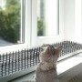 Katze vor Fenster mit Relaxdays Dornengitter Katzenabwehr (12er Set) aus schwarzem Kunststoff.
