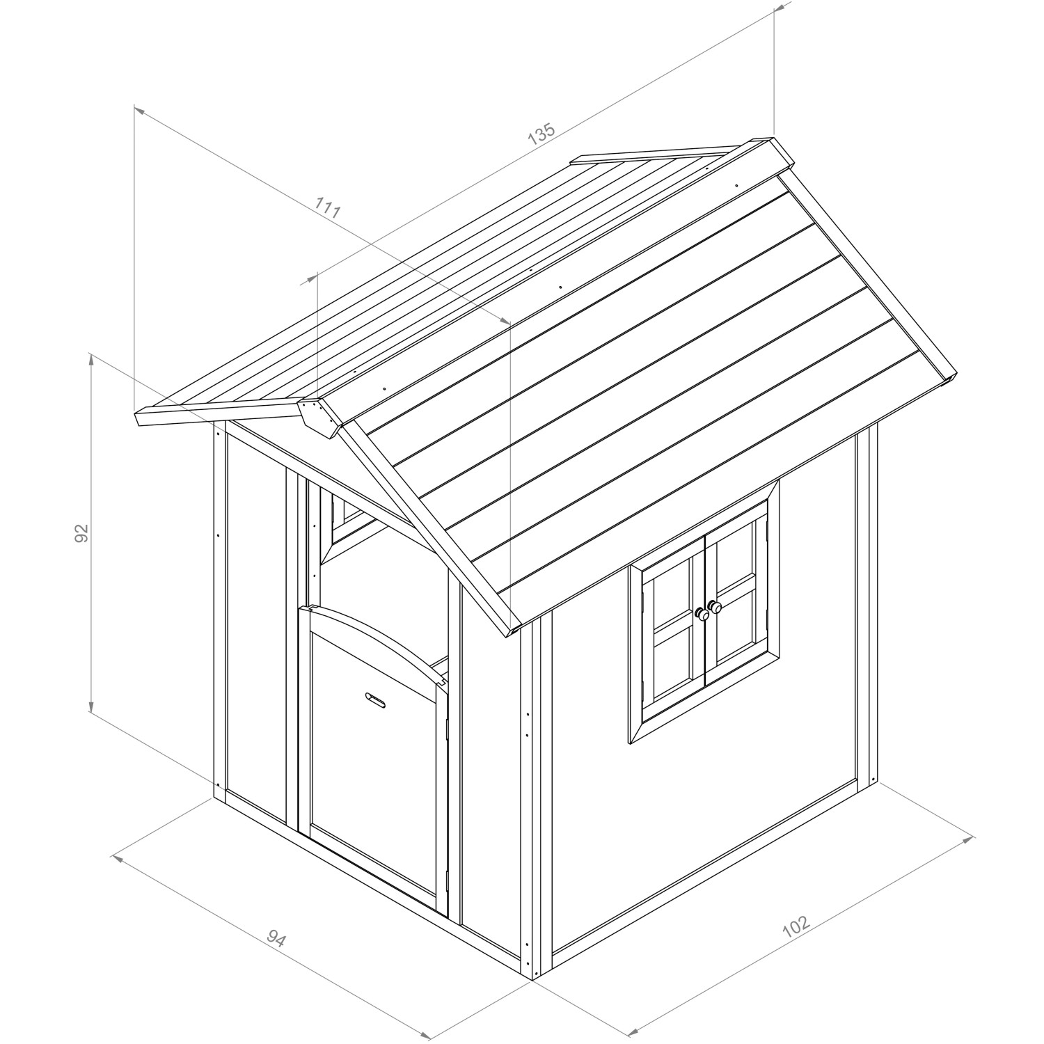 Axi Lodge Spielhaus Karibisches Blau, 135x111x133 cm, mit Maßen als Strichzeichnung.
