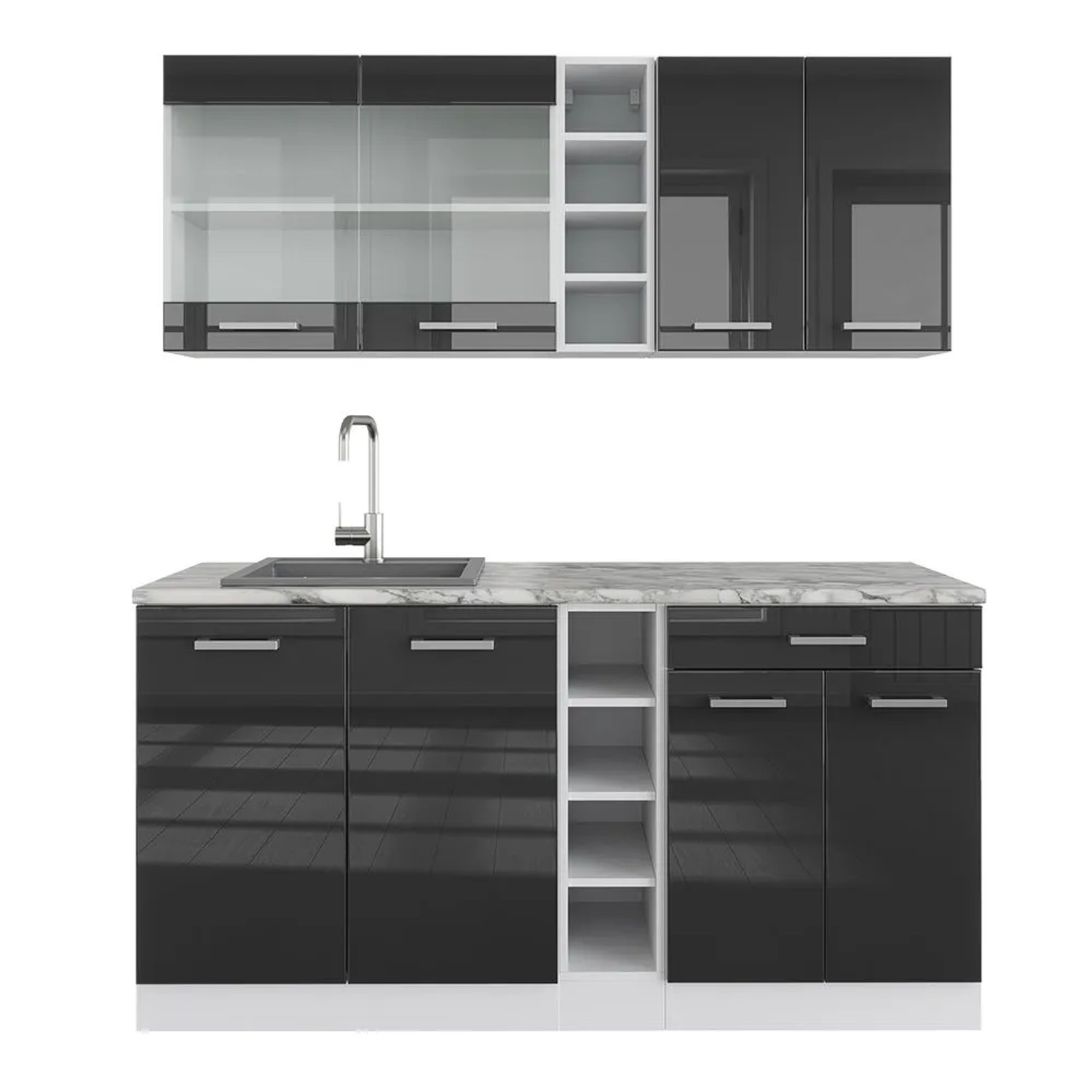 Vicco R-Line Singleküche Anthrazit Hochglanz Weiß 160 cm AP Marmor ohne E-Geräte