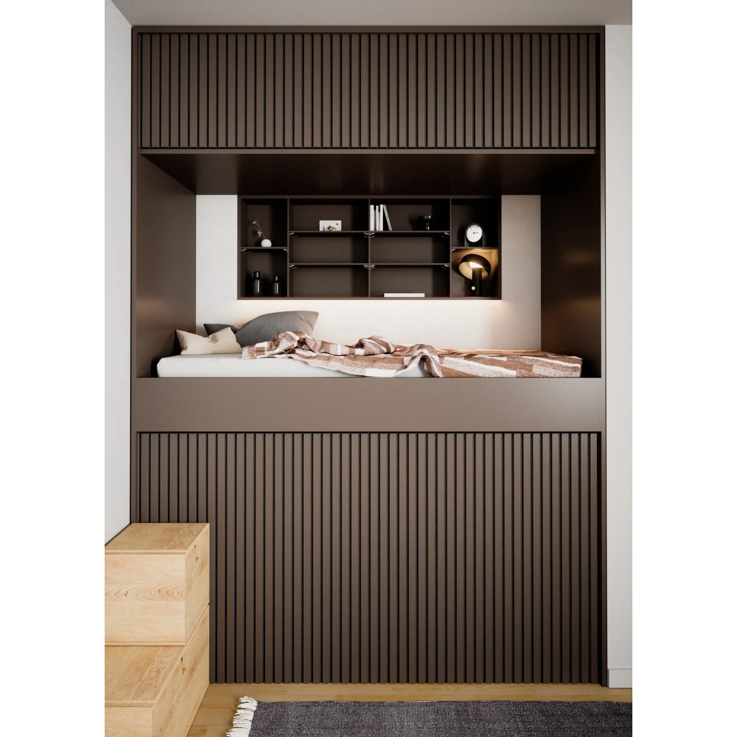 Raum mit Akustikpaneelen in Mauve/Schwarz, verkleidet Wand und Decke.