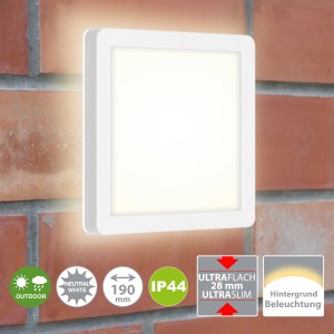 Eckige, weiße Brilo LED-Außenleuchte Frankfurt an einer Backsteinwand.