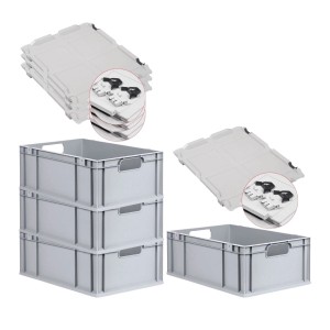 PROREGAL Spar Set: 4 graue Euroboxen mit Scharnierdeckel, Schiebeverschlüssen und offenen Griffen.