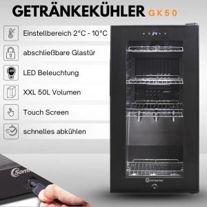 Sommertal Kühlschrank GK 50: Getränkekühlschrank mit Glastür und LED-Beleuchtung.