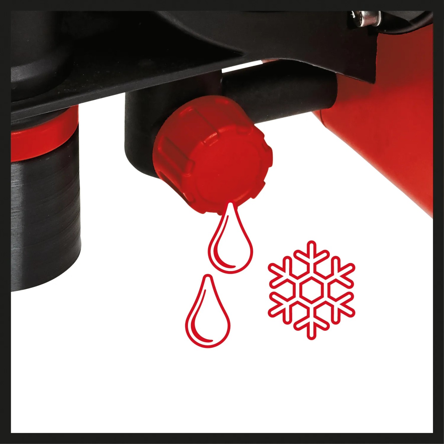 Detailaufnahme: Rote Ablassschraube mit Frostschutz-Symbol am Einhell Hauswasserautomat.
