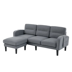 Graues L-Sofa mit Chaiselongue und seitlichen Taschen. Modulares Ecksofa für Wohnzimmer.