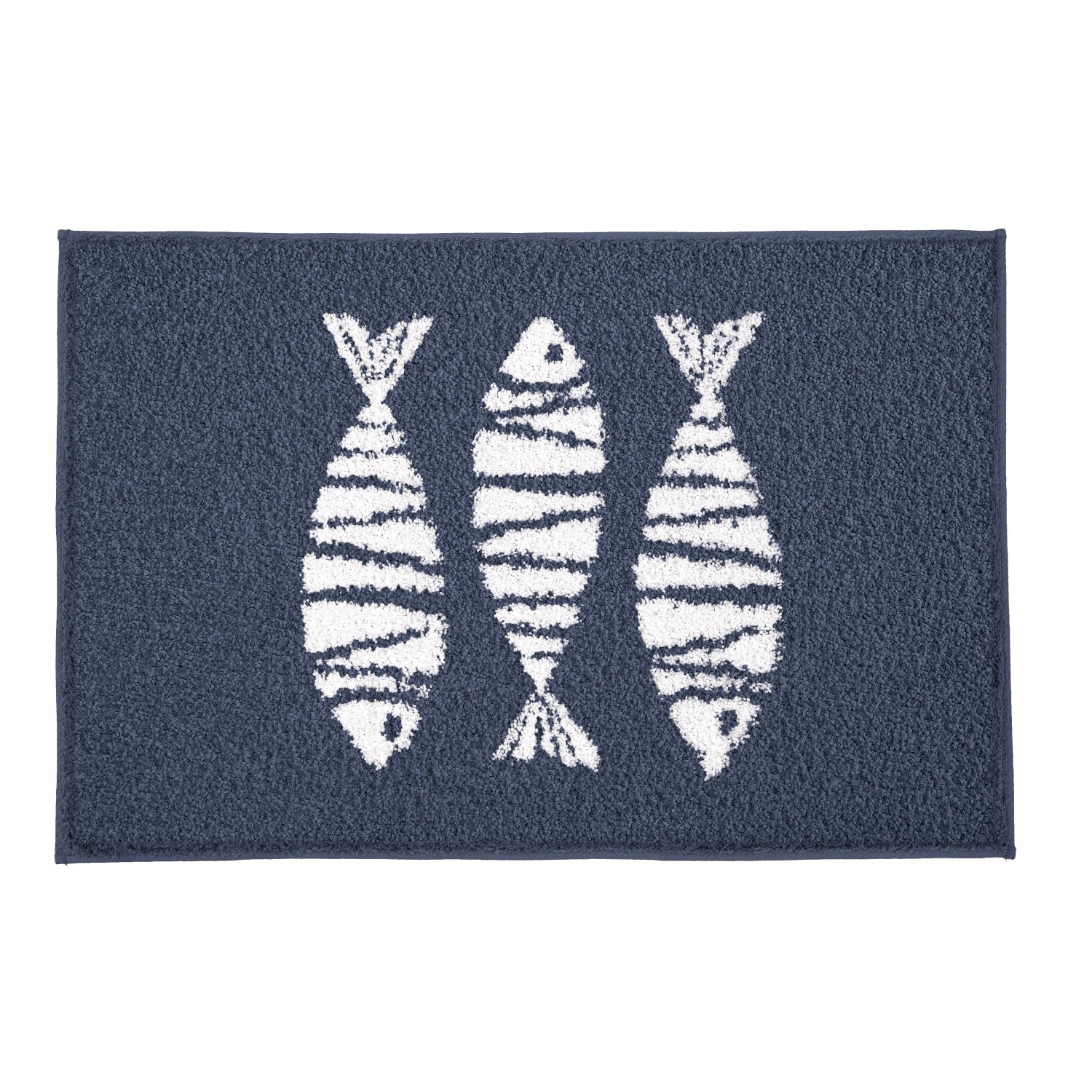 Blauer Kleine Wolke Badteppich Fish (50x60 cm) mit drei weißen, stilisierten Fischen.