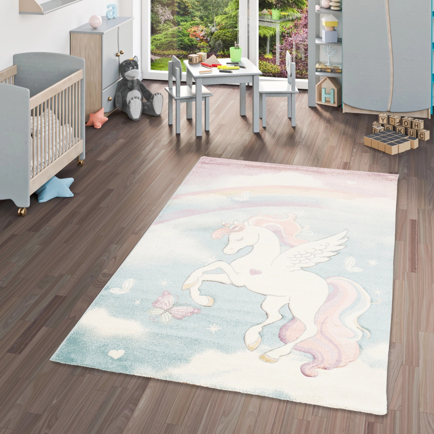 Doodle-Carpet Einhorn Kinderteppich 150x150cm - Weich & Handgefertigt
