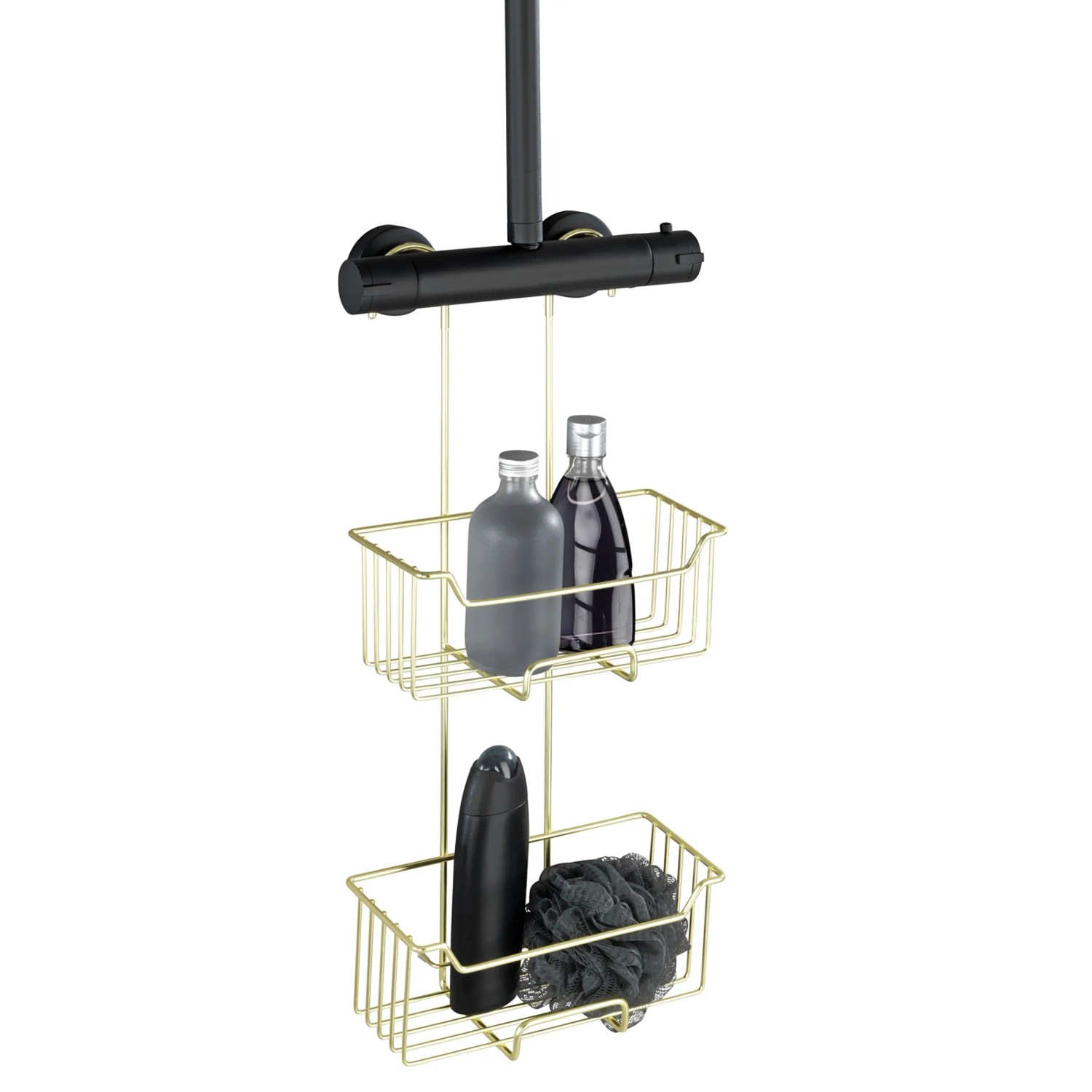 WENKO Caddy Milo, 2 ripiani, mensola doccia da appendere al rubinetto, ripiano in acciaio inox, 25 x 55 x 14 cm, colore nero
