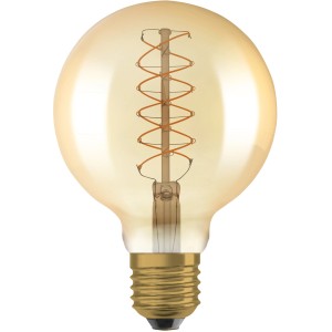 Osram E27 LED-Leuchtmittel in Globeform mit warmweißem Licht und sichtbarem Glühfaden.