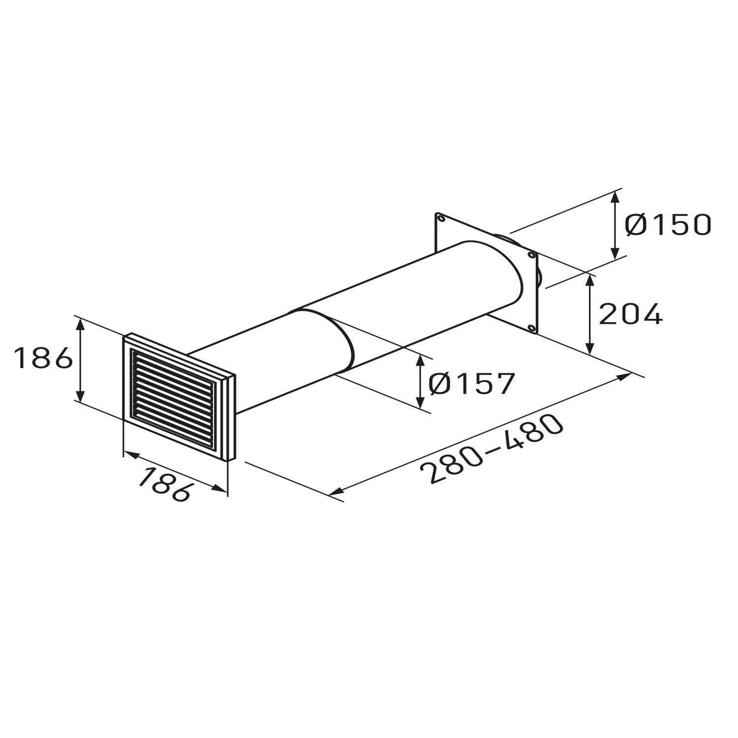 Technische Zeichnung: Teleskop-Mauerkasten mit Rundrohranschluss System 150, Maße und Details.