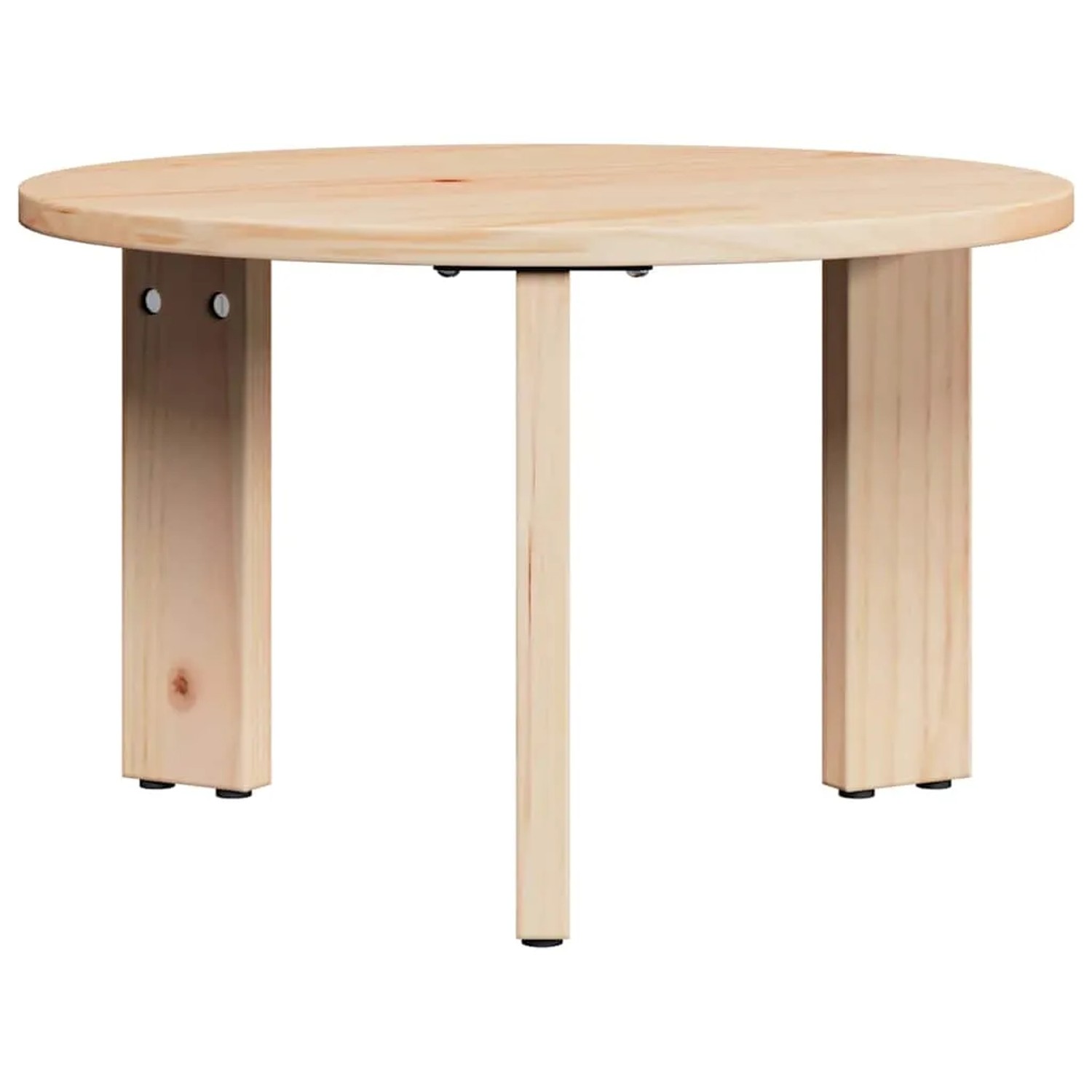 Runder Couchtisch aus hellem Massivholz Kiefer, naturfarben, mit drei stabilen Beinen. Ideal für Wohnzimmer.