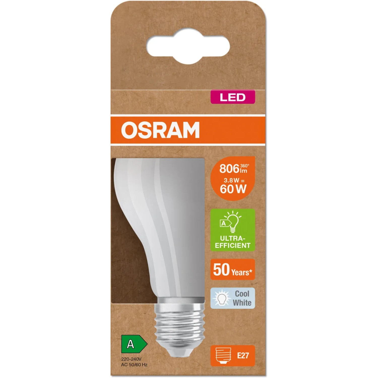 Osram E27 LED-Lampe, 3,8W, 806 lm, Glühlampenform, matt, kaltweiß.