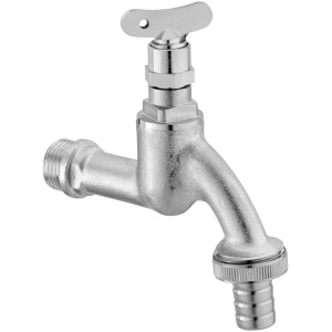 Chromfarbenes Auslaufventil 21 mm mit Schlauchverschraubung und Steckschlüssel.