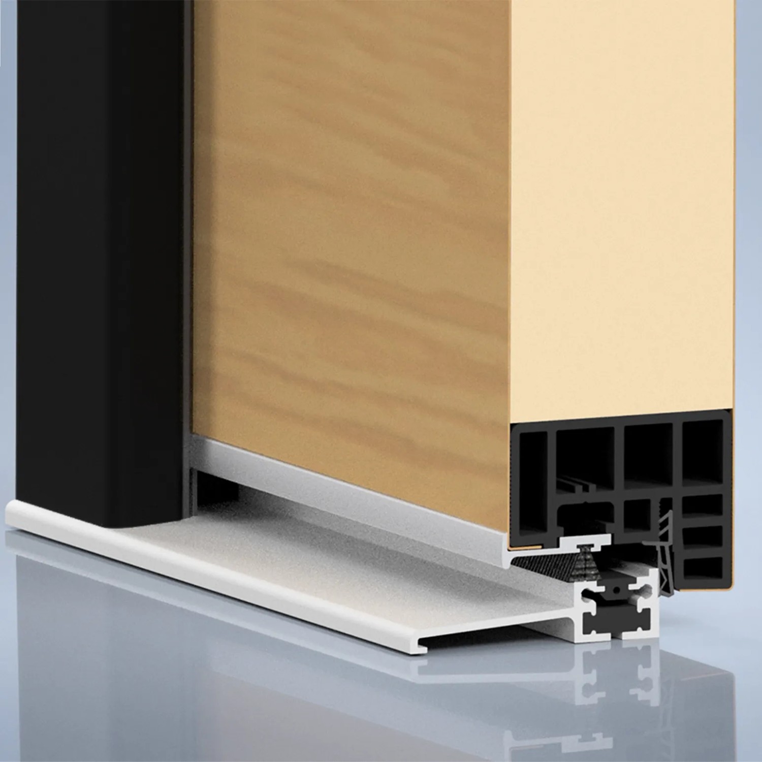 Detailansicht Splendoor Haustür ThermoSpace Milano Prime Woodeffect, Eiche Dekor und Aluminium Bodenschwelle.