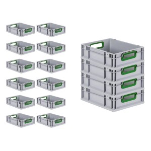 PROREGAL Spar Set: 16 graue Euroboxen mit grünen Griffen, 11 Liter, als Transport- und Aufbewahrungsboxen.