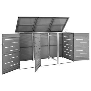 vidaXL Mülltonnenbox für 3 Tonnen aus Edelstahl, anthrazitfarben mit geöffneten Türen und Deckel.