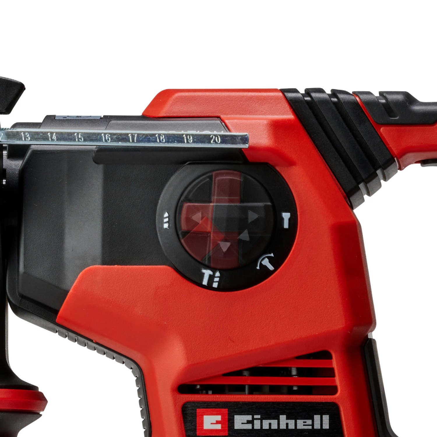 Detailaufnahme des roten Einhell Akku-Bohrhammers Herocco 36/28 mit Tiefenanschlag.