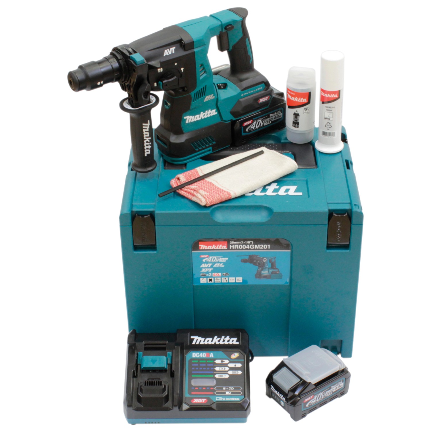 Makita Akku-Kombihammer HR004GM201 Set mit Akkus, Ladegerät und Koffer.