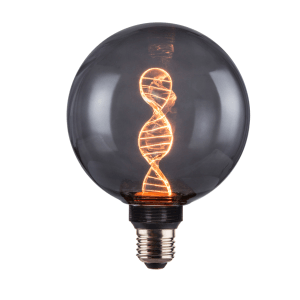 Dimmbares LED Filament Leuchtmittel mit DNA-Design im Rauchglas, E27 Fassung, warmweiß.
