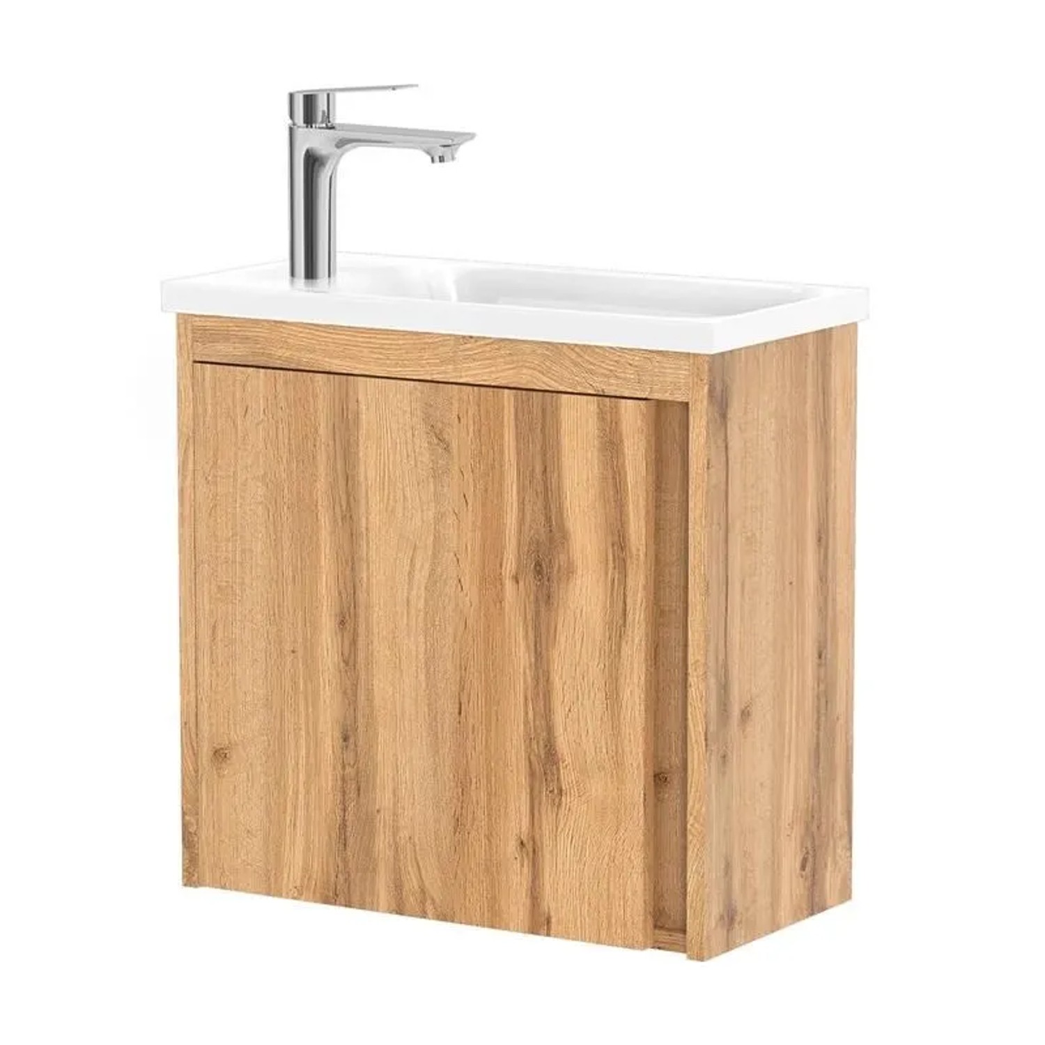 Planetmöbel Waschtischunterschrank 50 cm Wotan Eiche mit Waschbecken Wasserhahn Chrom Soft Close