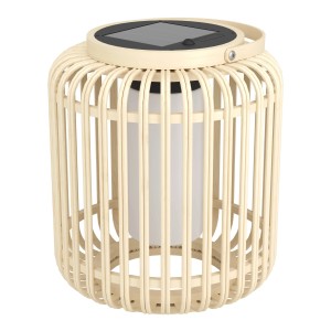 Braune Eglo LED Solar Tischleuchte Marliano, 24 cm, aus Holzgeflecht mit Solarpanel.