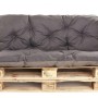 Anthrazit Palettenkissen Set: Sitzkissen & Rückenkissen auf Holzpaletten. Komfortable Gartenstuhlauflagen für Lounge-Ecken.