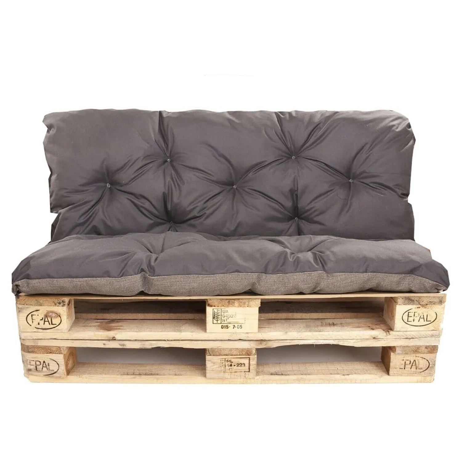 Anthrazit Palettenkissen Set: Sitzkissen & Rückenkissen auf Holzpaletten. Komfortable Gartenstuhlauflagen für Lounge-Ecken.
