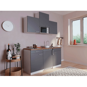 Respekta Küchenzeile KB150WGMI, 150 cm, Grau-Weiß Glänzend mit E-Geräten und Spüle.