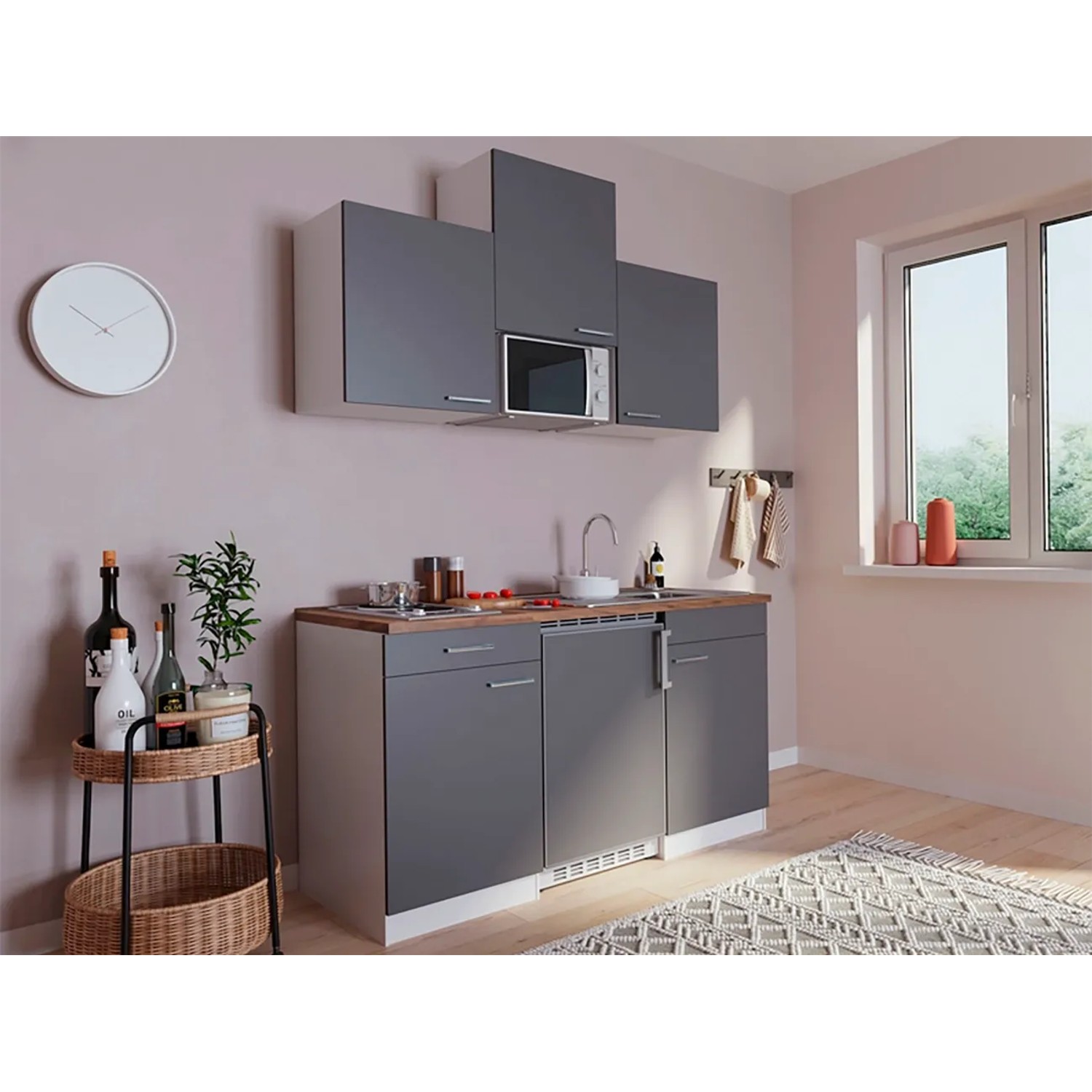 Respekta Küchenzeile KB150WGMI, 150 cm, Grau-Weiß Glänzend mit E-Geräten und Spüle.