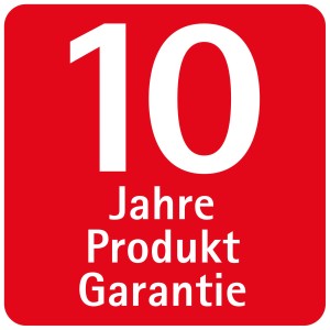 Garantie-Hinweis: Roter Aufkleber mit weißer Schrift "10 Jahre Produkt Garantie".