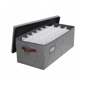 Graue Polyester Aufbewahrungsbox für Weihnachtskugeln mit Deckel, verstellbaren Fächern und Tragegriffen.